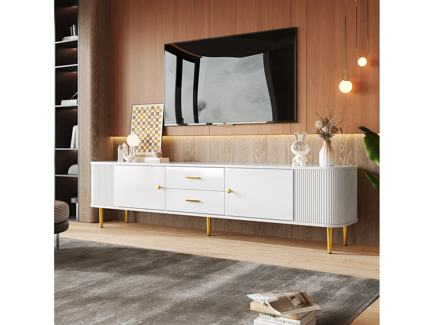 Meuble TV 170x34x45cm - Armoire avec 2 tiroirs et 2 portes, avec côtés ondulés, poignées et pieds dorés - en MDF blanc
