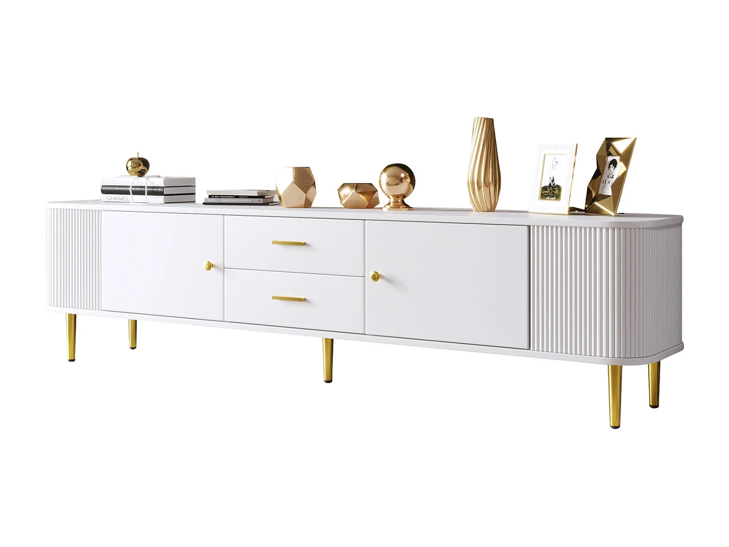 Meuble TV 170x34x45cm - Armoire avec 2 tiroirs et 2 portes, avec côtés ondulés, poignées et pieds dorés - en MDF blanc