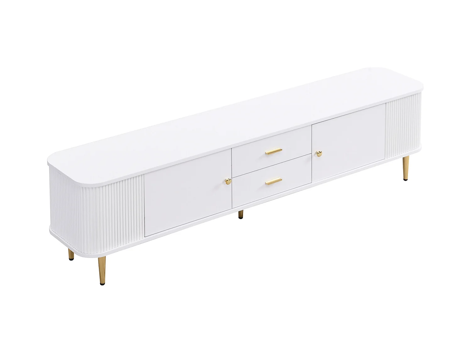 Meuble TV 170x34x45cm - Armoire avec 2 tiroirs et 2 portes, avec côtés ondulés, poignées et pieds dorés - en MDF blanc