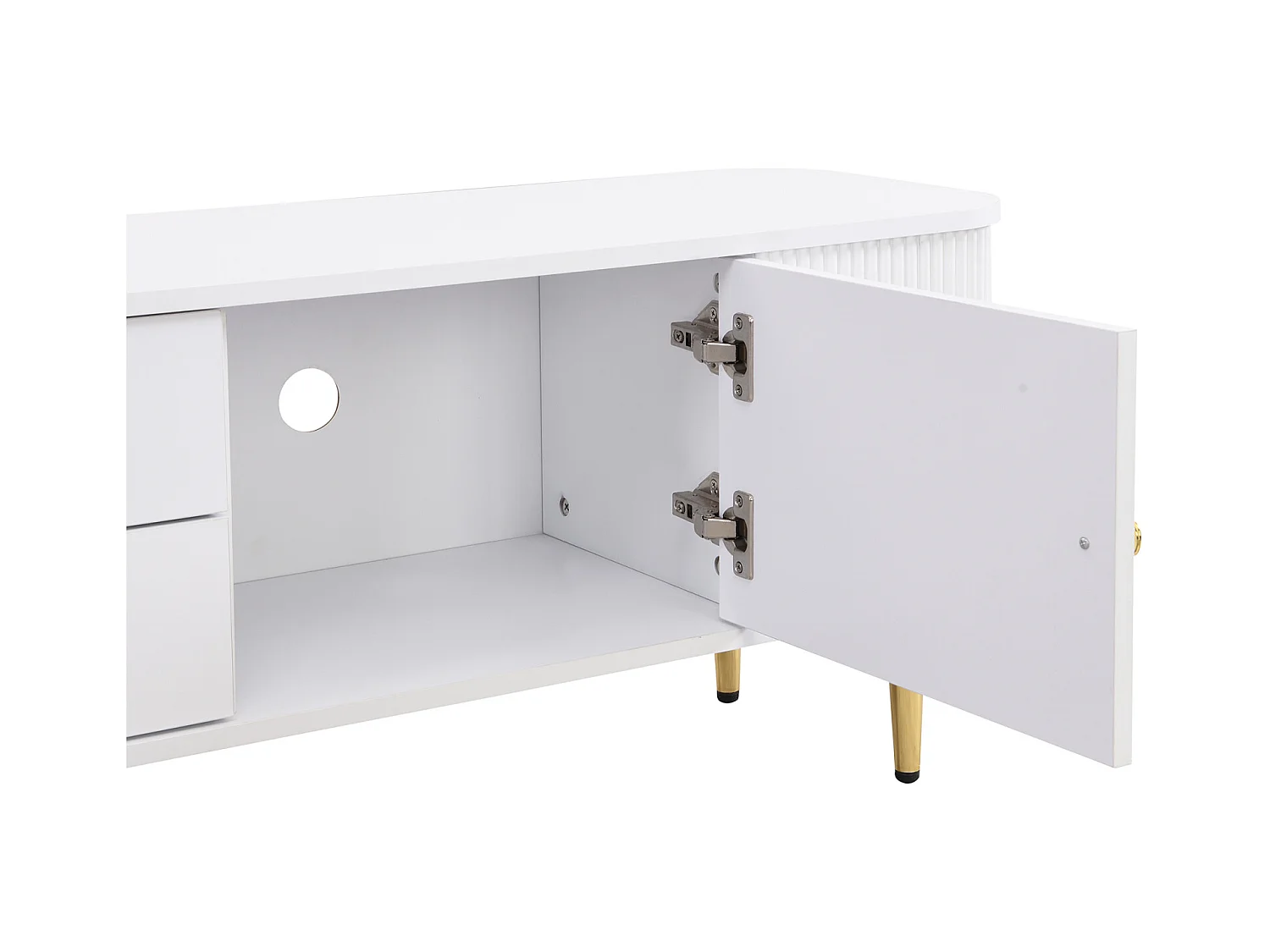 Meuble TV 170x34x45cm - Armoire avec 2 tiroirs et 2 portes, avec côtés ondulés, poignées et pieds dorés - en MDF blanc