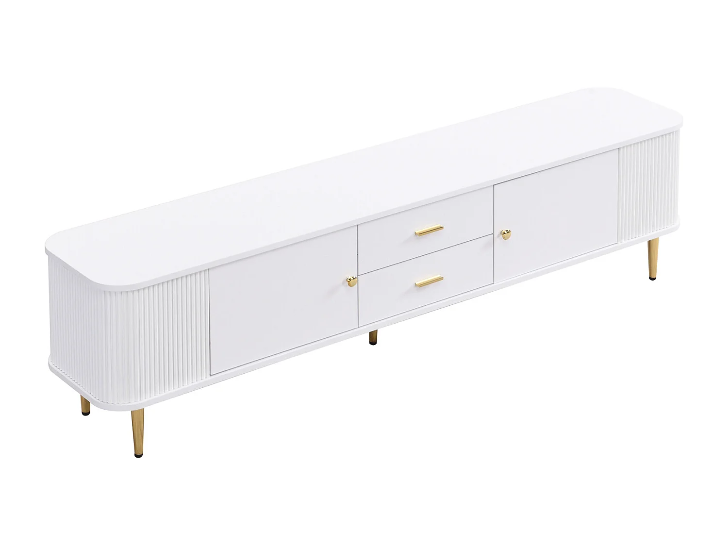 Meuble TV 170x34x45cm - Armoire avec 2 tiroirs et 2 portes, avec côtés ondulés, poignées et pieds dorés - en MDF blanc