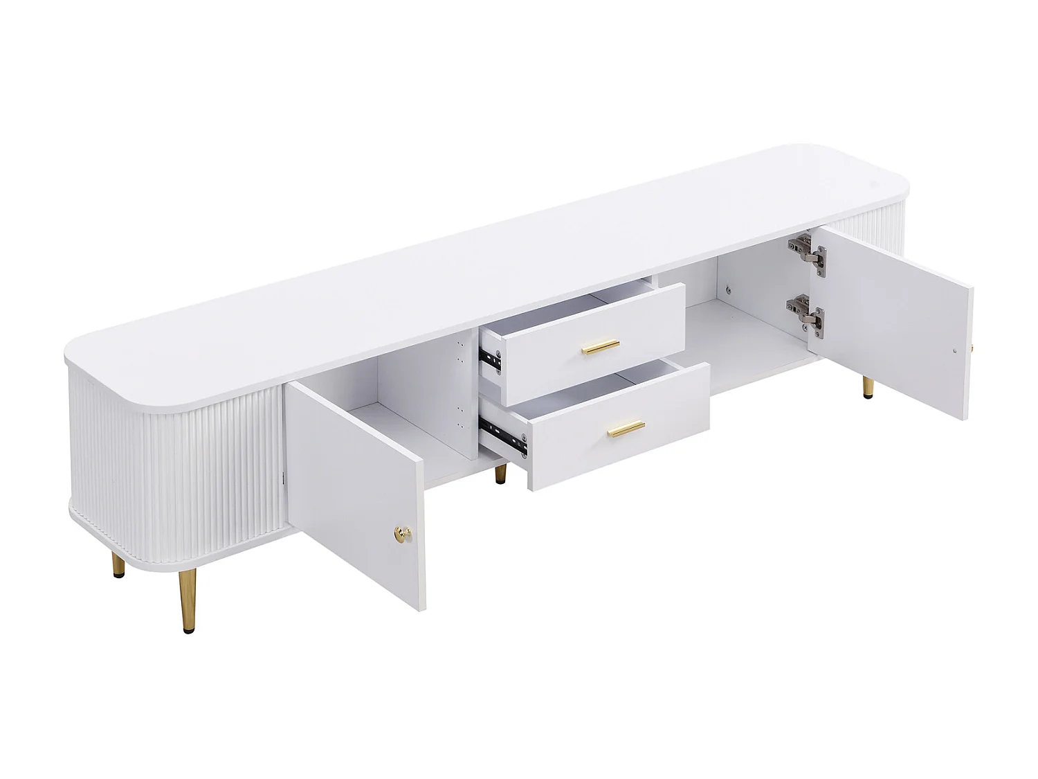 Meuble TV 170x34x45cm - Armoire avec 2 tiroirs et 2 portes, avec côtés ondulés, poignées et pieds dorés - en MDF blanc