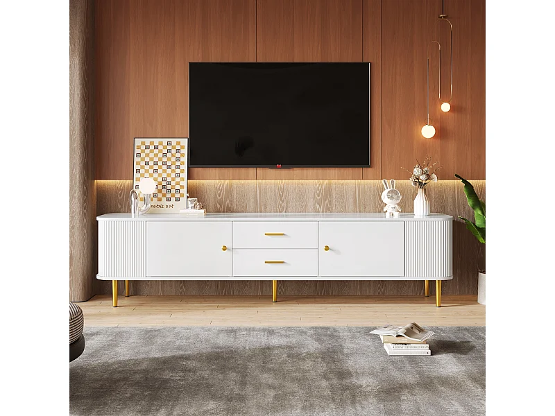 Meuble TV 170x34x45cm - Armoire avec 2 tiroirs et 2 portes, avec côtés ondulés, poignées et pieds dorés - en MDF blanc