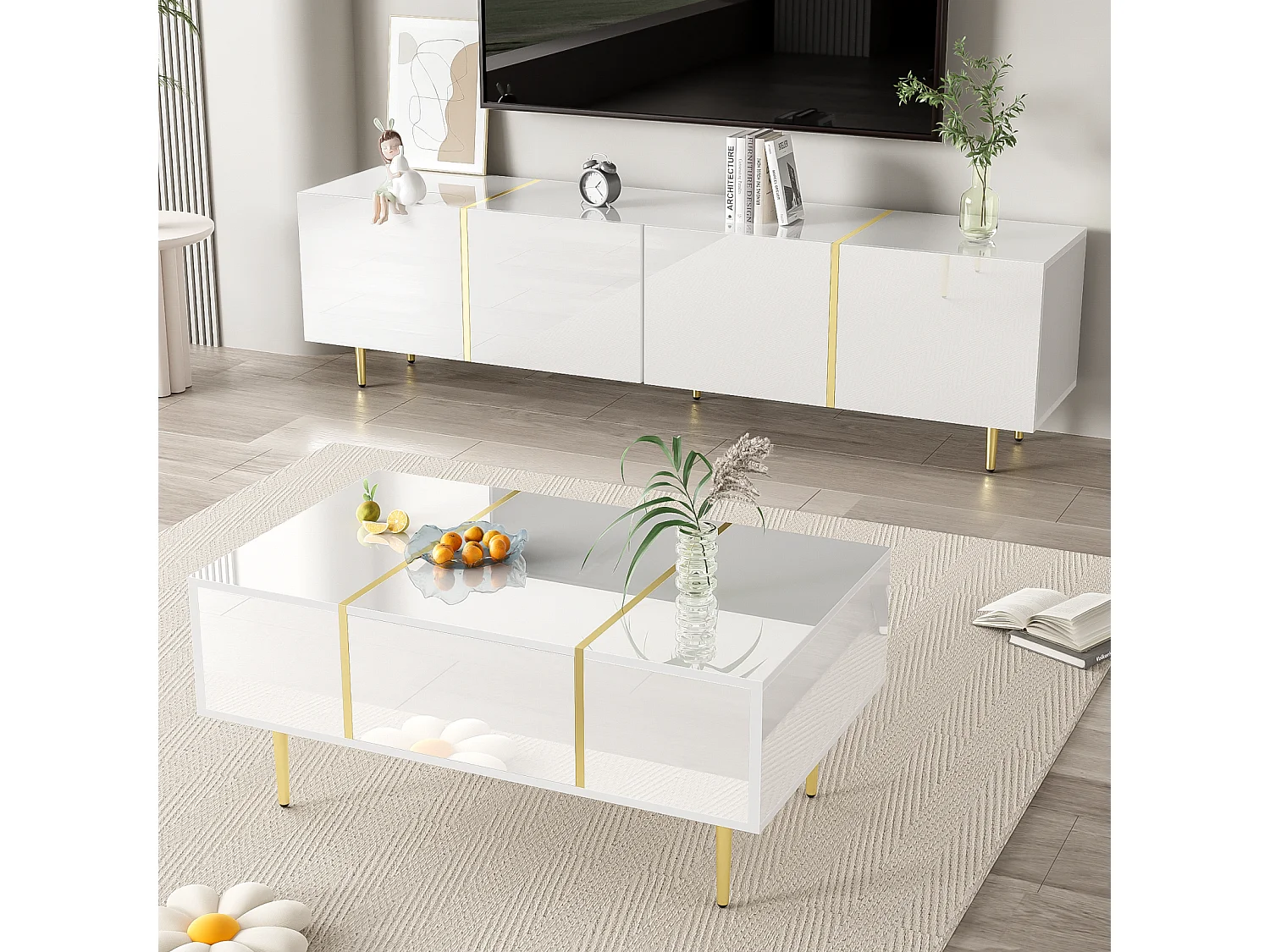 Meuble TV brillance et ensemble de table basse moderne, Armoires de rangement, Blanc