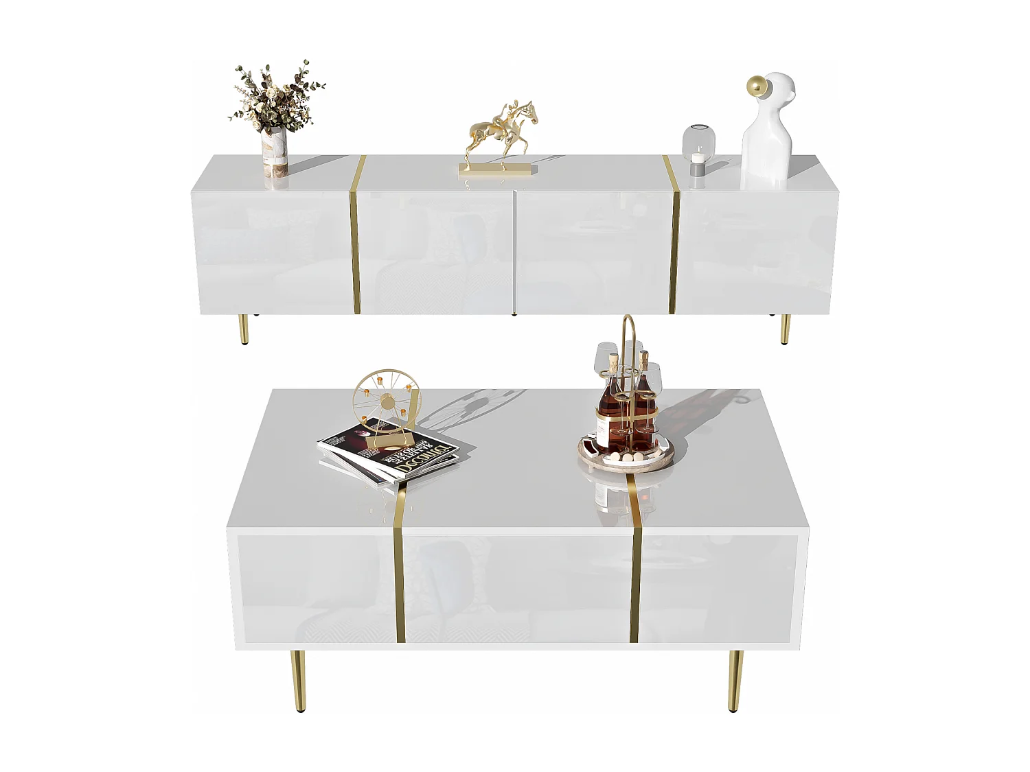 Meuble TV brillance et ensemble de table basse moderne, Armoires de rangement, Blanc