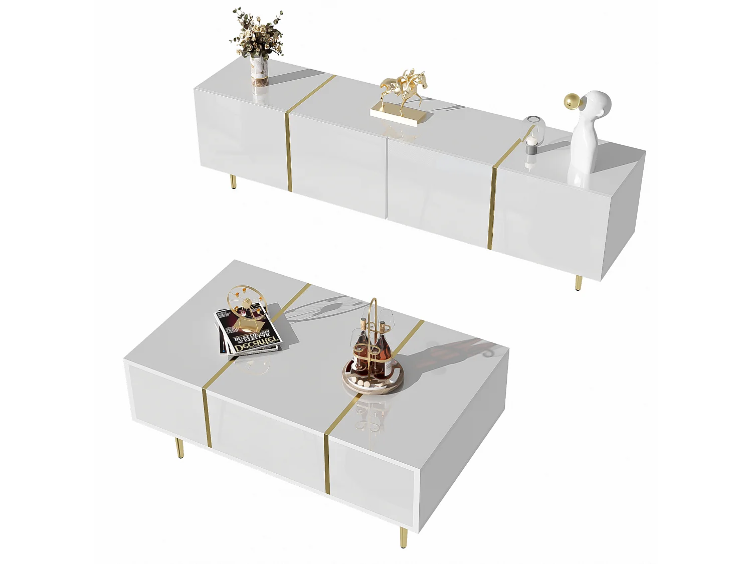 Meuble TV brillance et ensemble de table basse moderne, Armoires de rangement, Blanc