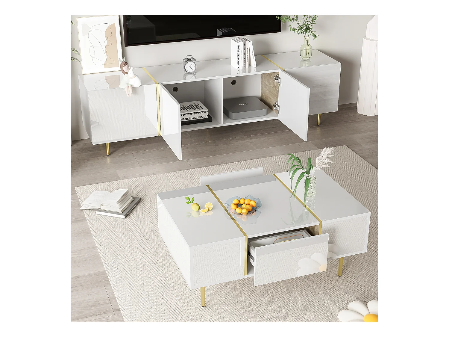 Meuble TV brillance et ensemble de table basse moderne, Armoires de rangement, Blanc