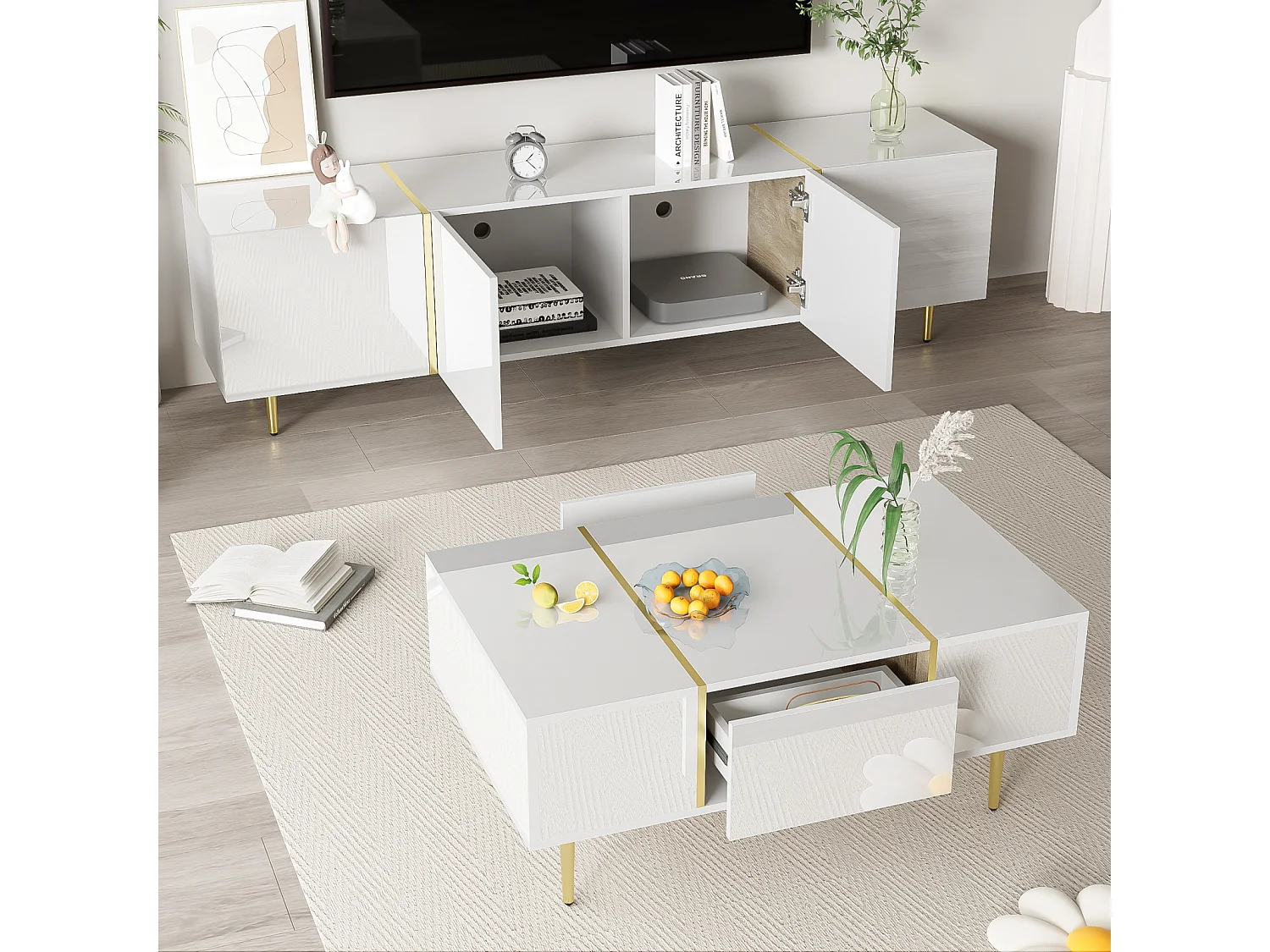 Set porta TV Brilliance e tavolino moderno, armadietti, bianco