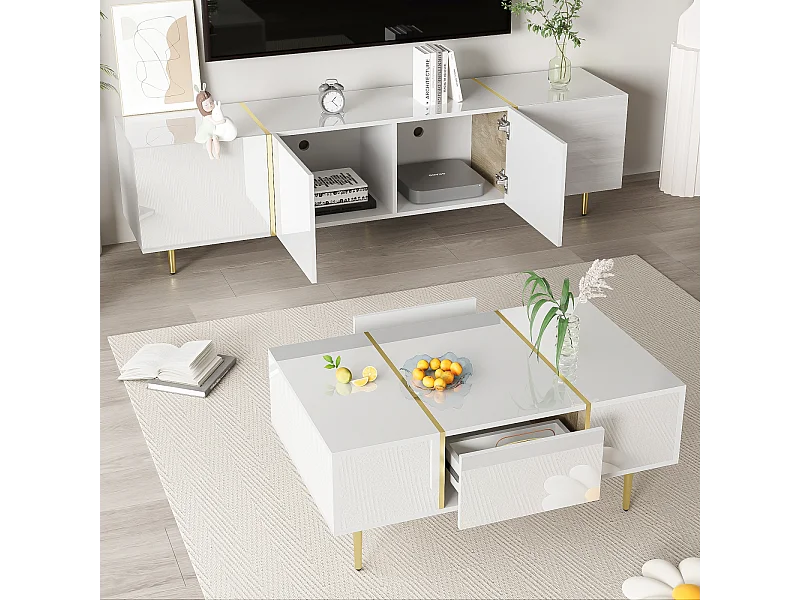 Meuble TV brillance et ensemble de table basse moderne, Armoires de rangement, Blanc