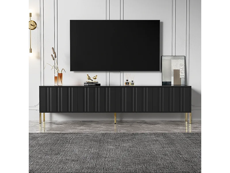 Mueble TV 190x38x48cm - Mueble con 4 puertas, patas de mesa doradas, diseño de puerta ranurada - Negro