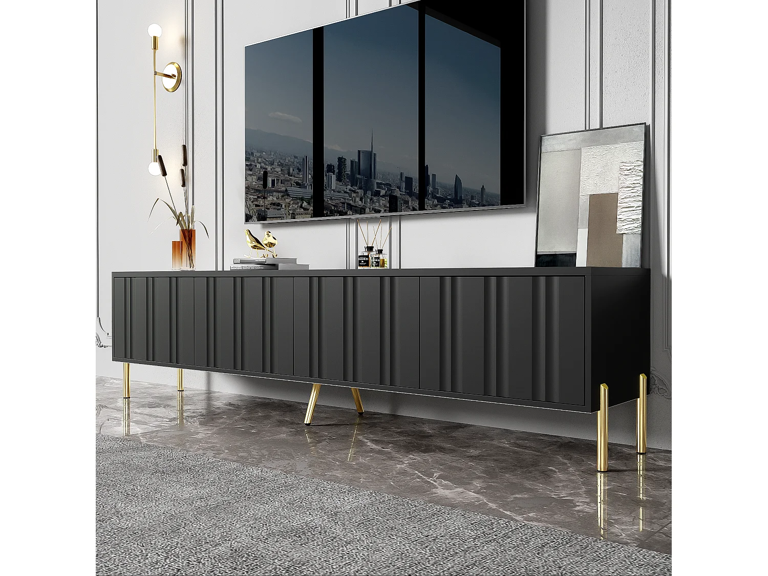 TV-kast 190x38x48cm - Kast met 4 deuren, gouden tafelpoten, gegroefd deurontwerp - Zwart