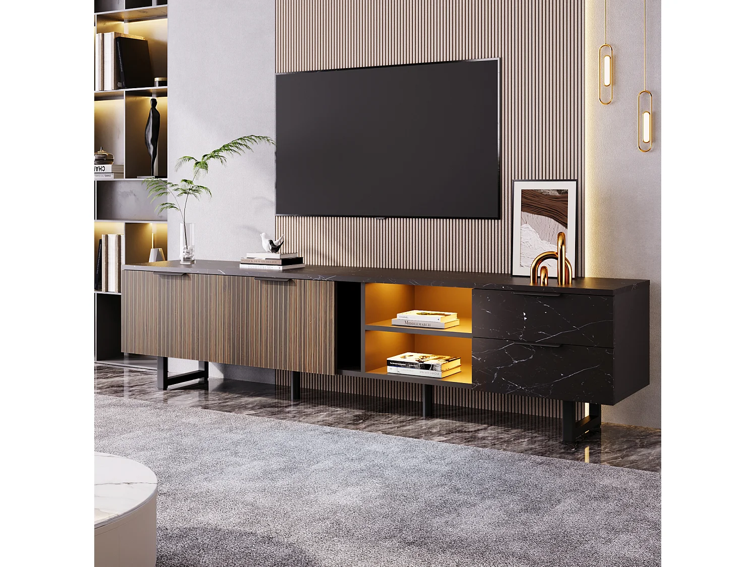 Meuble TV LED 200x50x38cm - avec 2 portes et 2 tiroirs - aspect marbre noir, portes grain de bois foncé - Noir