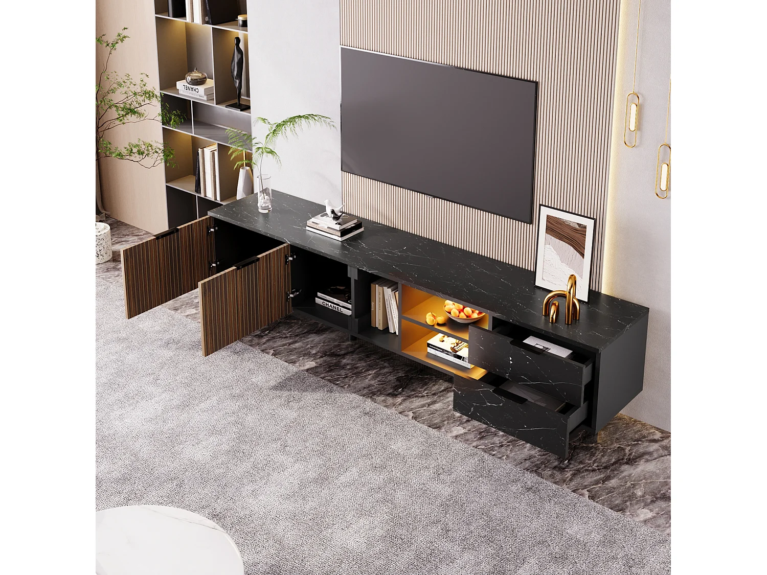 LED TV meubel 200x50x38cm - met 2 deuren en 2 lades - zwarte marmerlook, donkere houtnerf deuren - Zwart