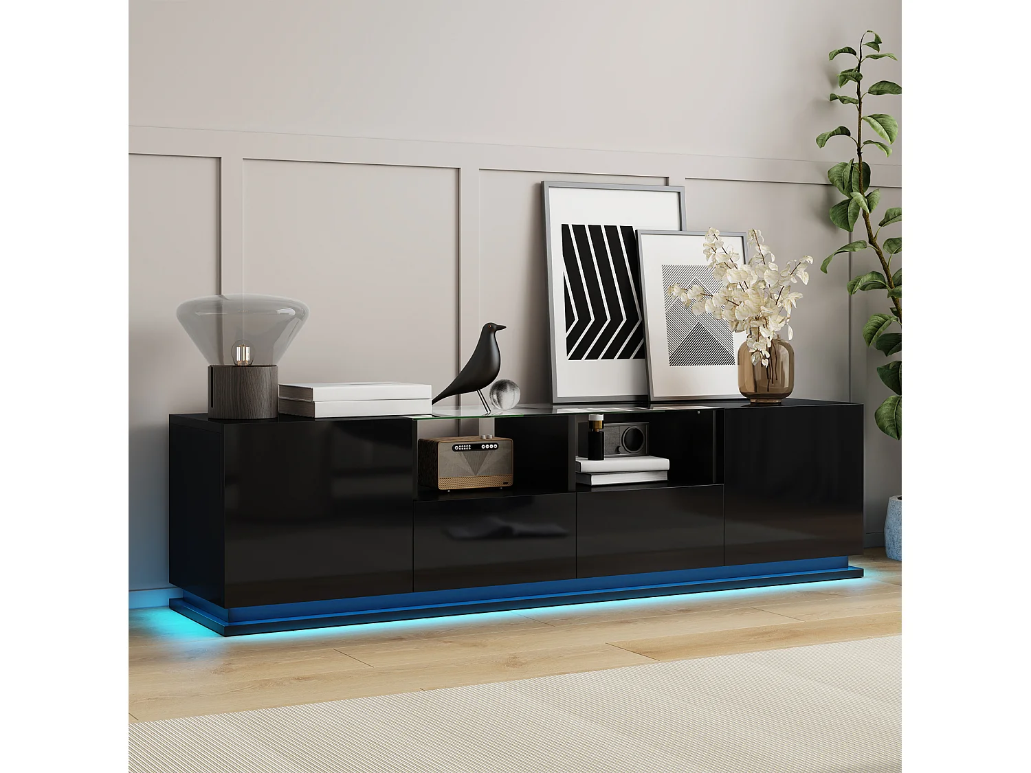 Glänzender TV-Schrank 165x38x43cm, mit Glasböden, 2 Schubladen und zwei Türen, LED, schwarz