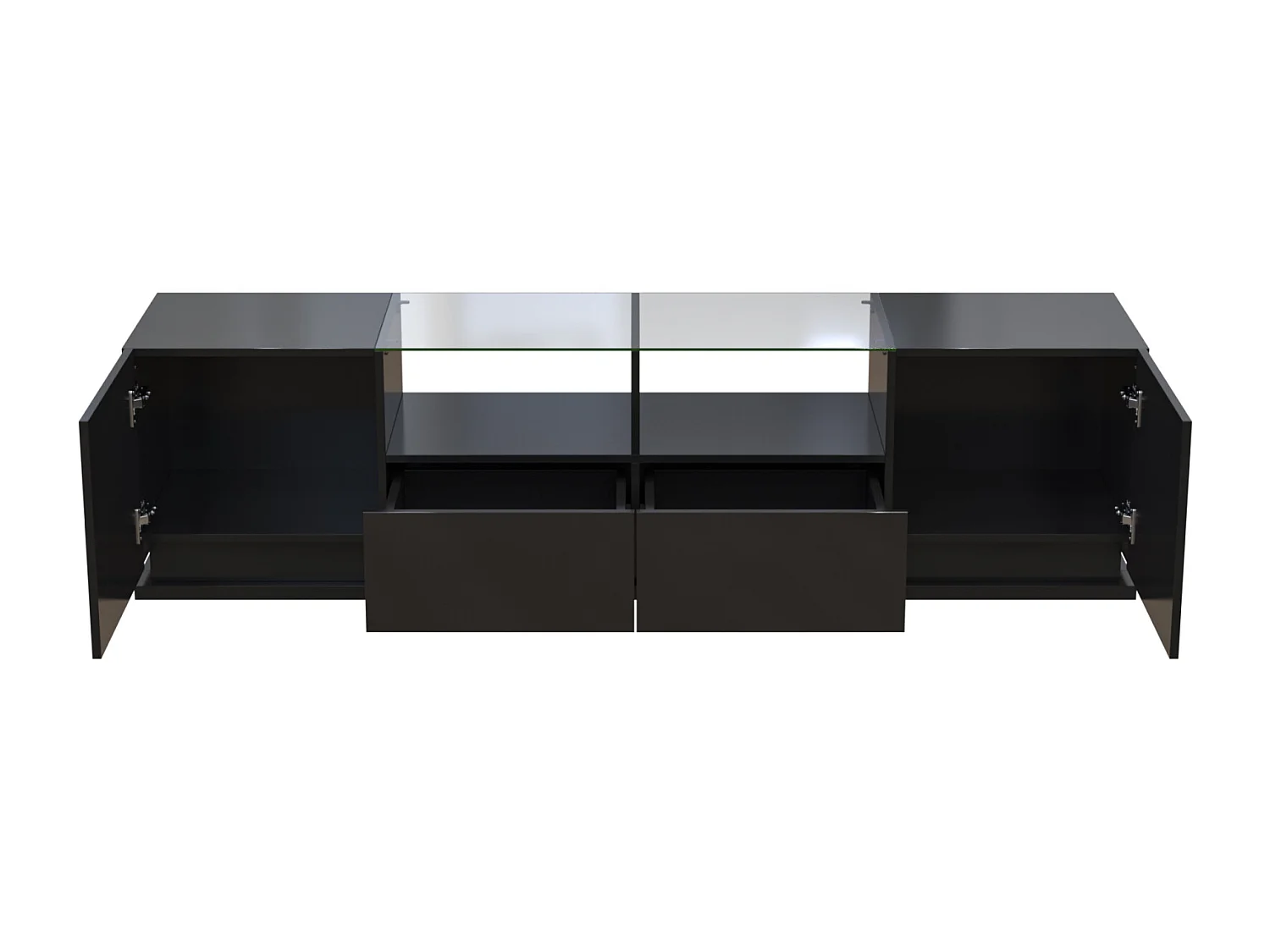 Glänzender TV-Schrank 165x38x43cm, mit Glasböden, 2 Schubladen und zwei Türen, LED, schwarz