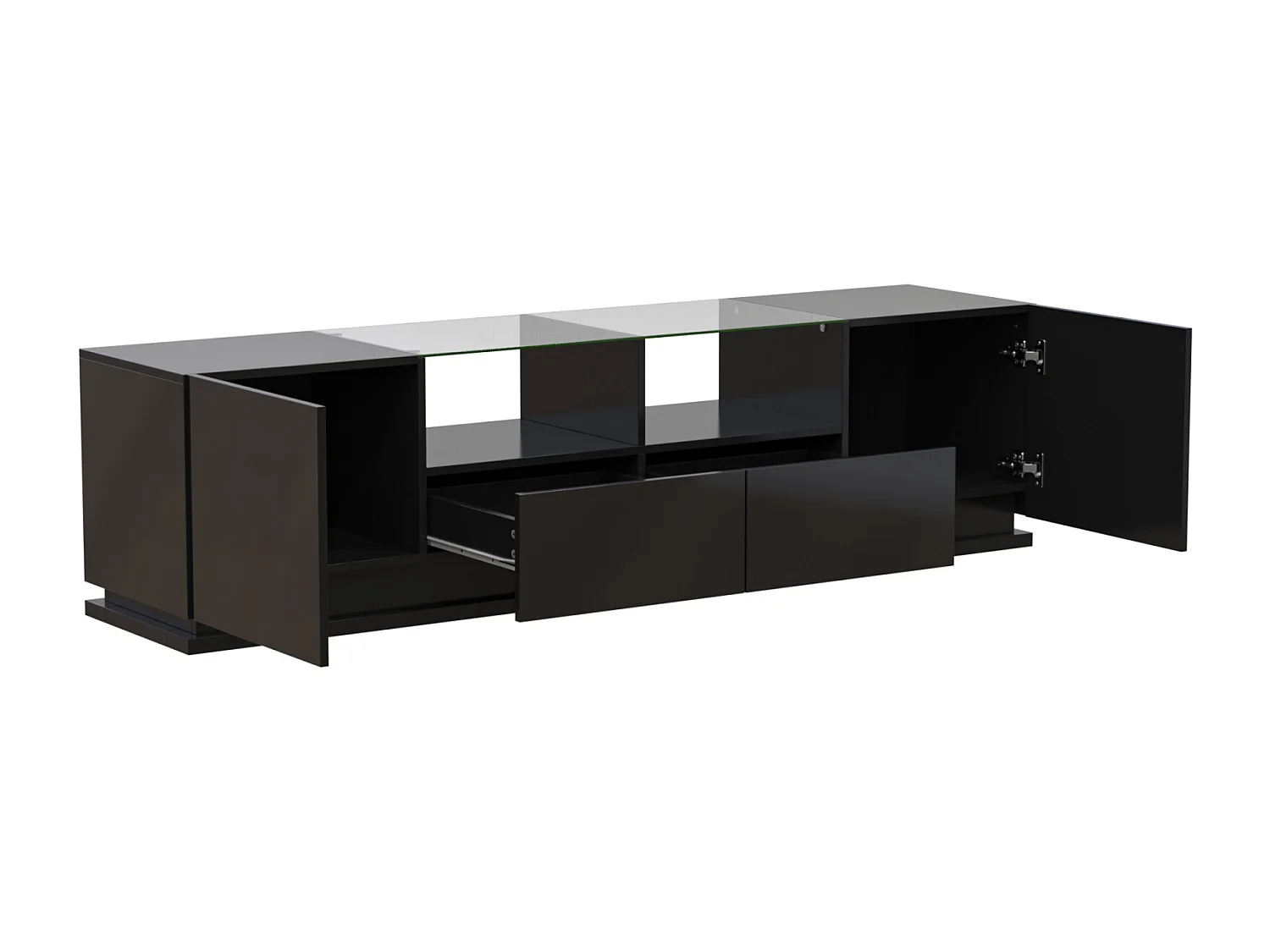 Glänzender TV-Schrank 165x38x43cm, mit Glasböden, 2 Schubladen und zwei Türen, LED, schwarz