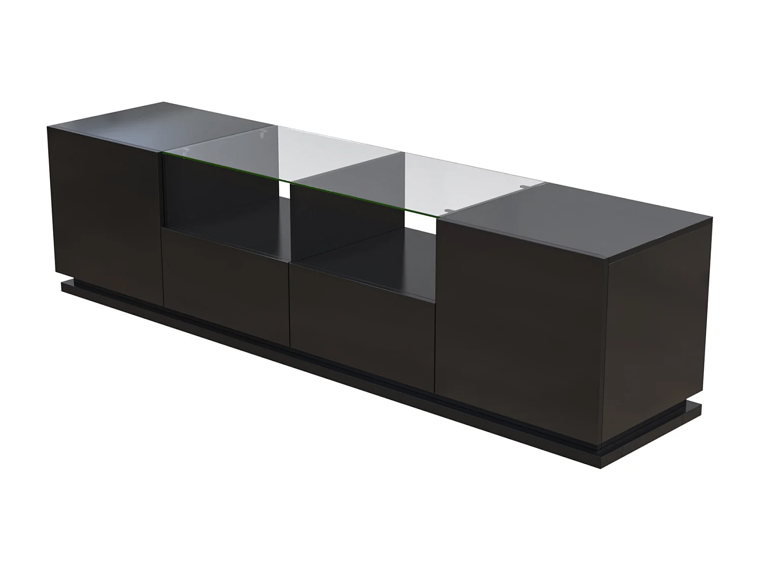 Glänzender TV-Schrank 165x38x43cm, mit Glasböden, 2 Schubladen und zwei Türen, LED, schwarz