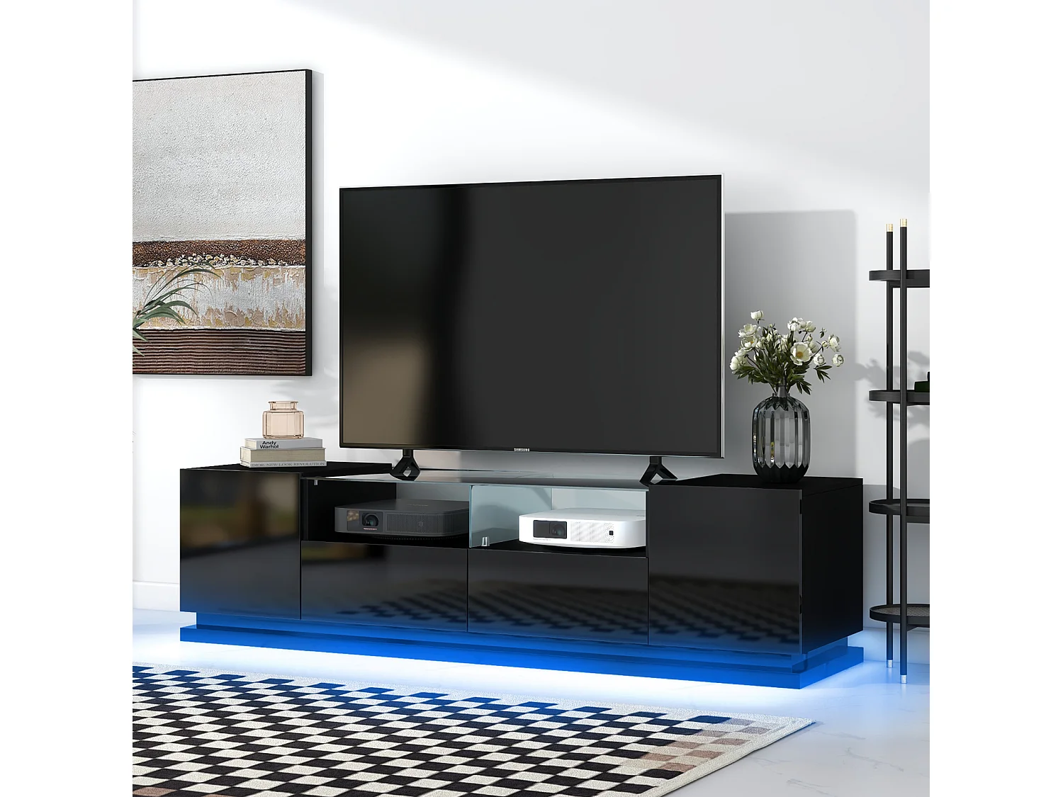 Móvel TV brilhante 165x38x43cm, com prateleiras de vidro, 2 gavetas e duas portas, LED, preto