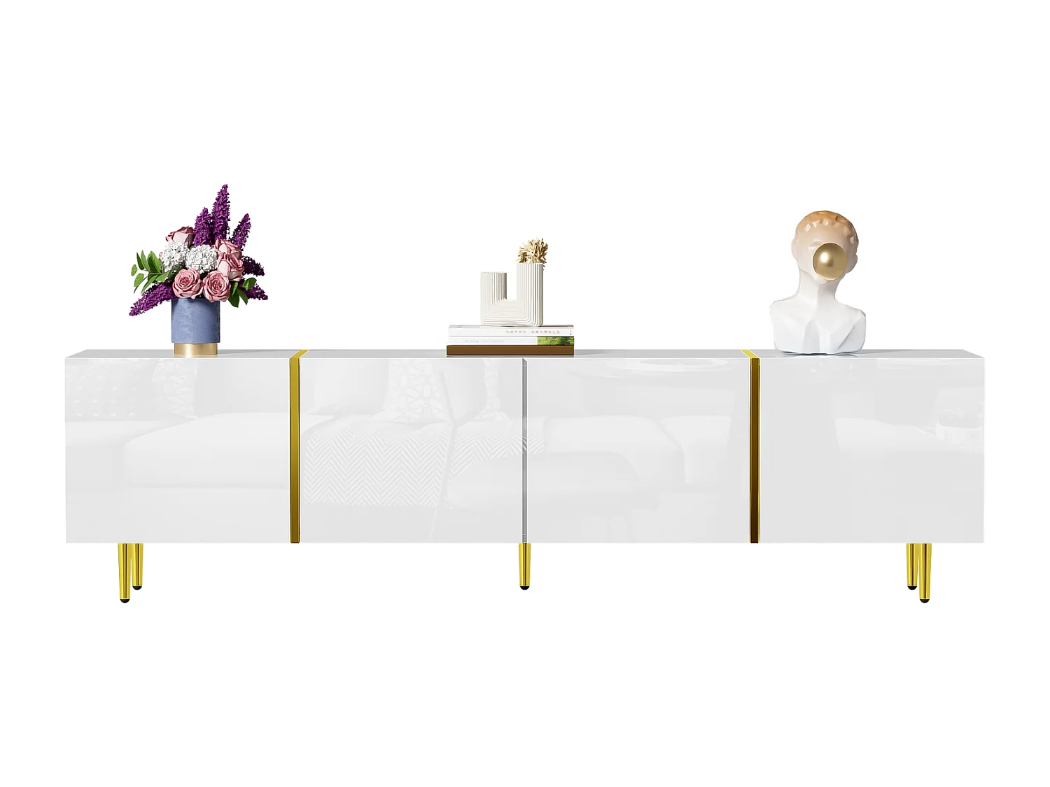 TV-meubel 170x35x46cm - Glanzende kast met 4 deuren - modern en eenvoudig - Wit MDF