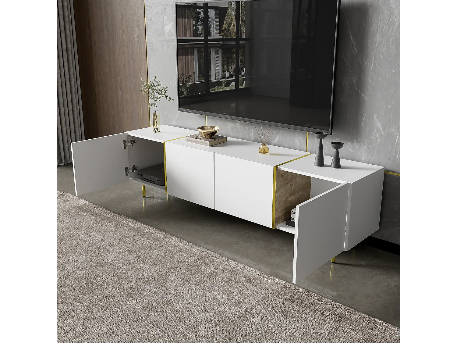 Meuble TV 170x35x46cm - Armoire brillant à 4 portes - moderne et simple - MDF Blanc