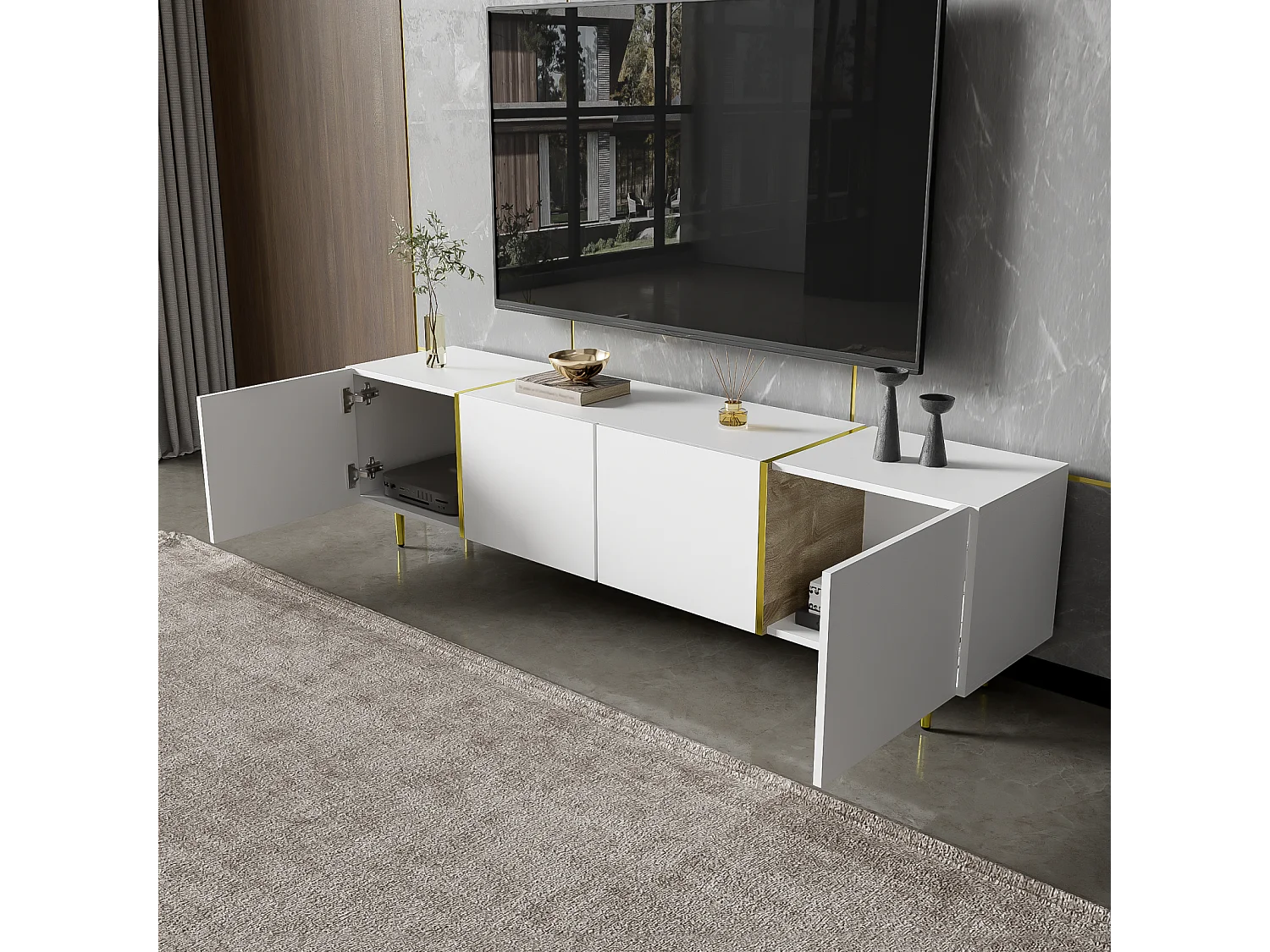 Meuble TV 170x35x46cm - Armoire brillant à 4 portes - moderne et simple - MDF Blanc