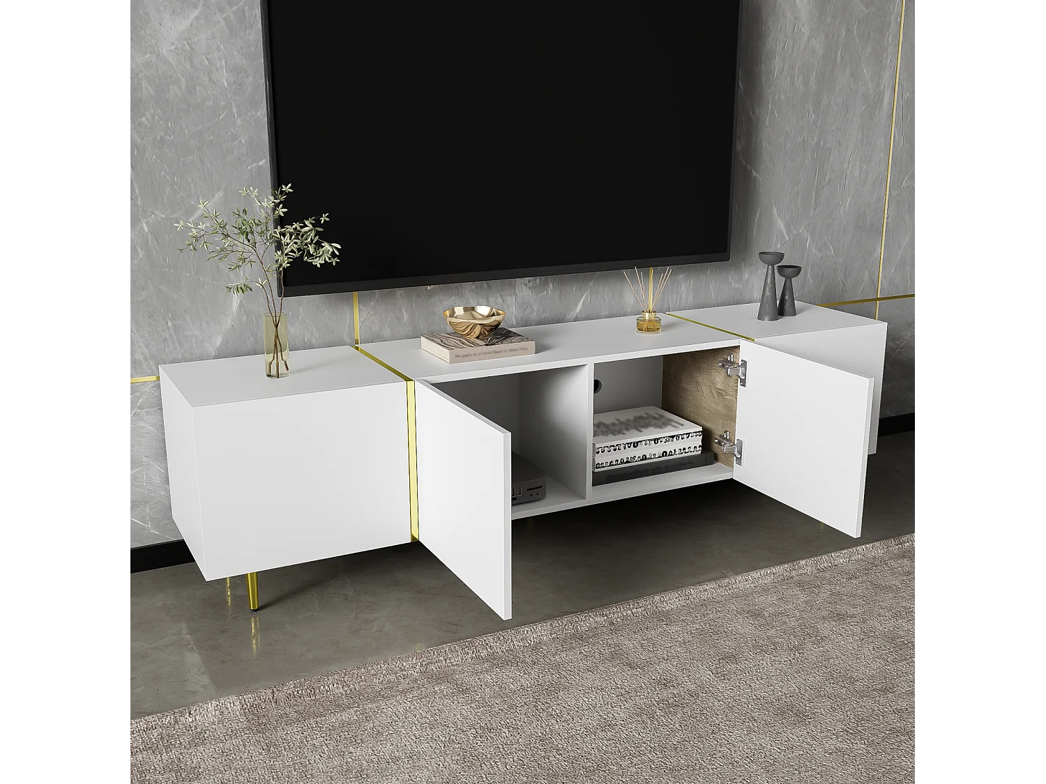 Meuble TV 170x35x46cm - Armoire brillant à 4 portes - moderne et simple - MDF Blanc