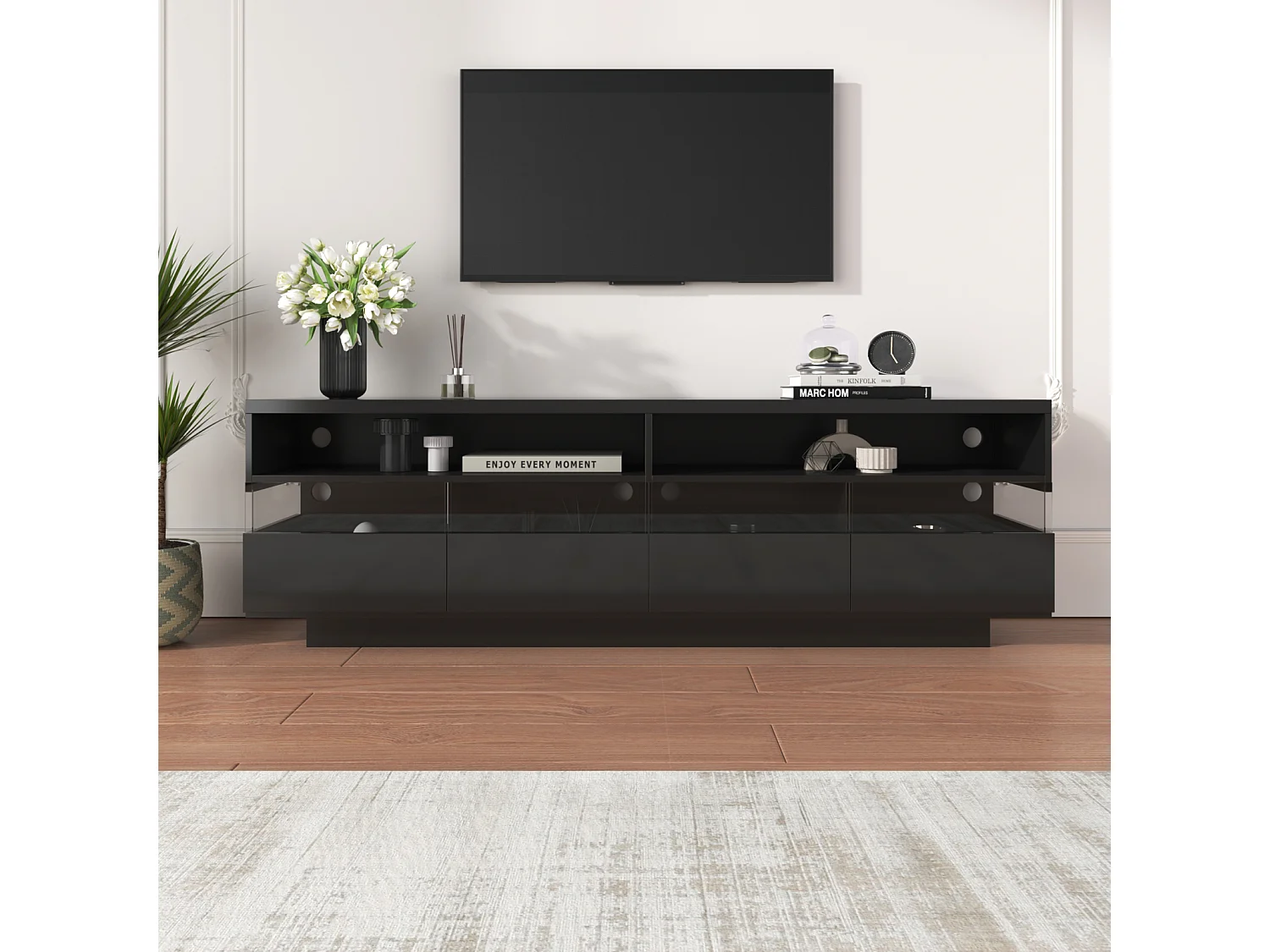 Móvel TV 173x55x38cm, LED, dois compartimentos e quatro gavetas grandes, preto