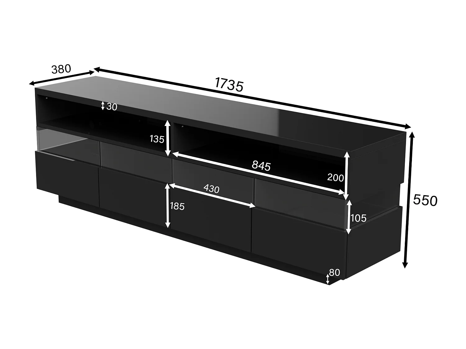 Meuble TV 173x55x38cm, LED, deux compartiments et quatre grands tiroirs, noir