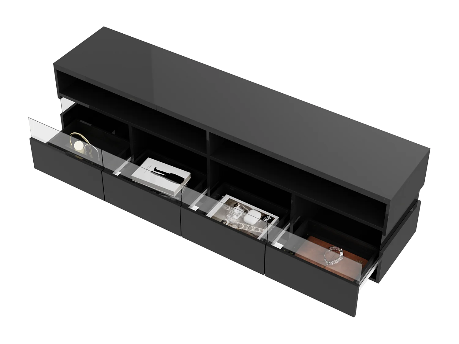 Meuble TV 173x55x38cm, LED, deux compartiments et quatre grands tiroirs, noir