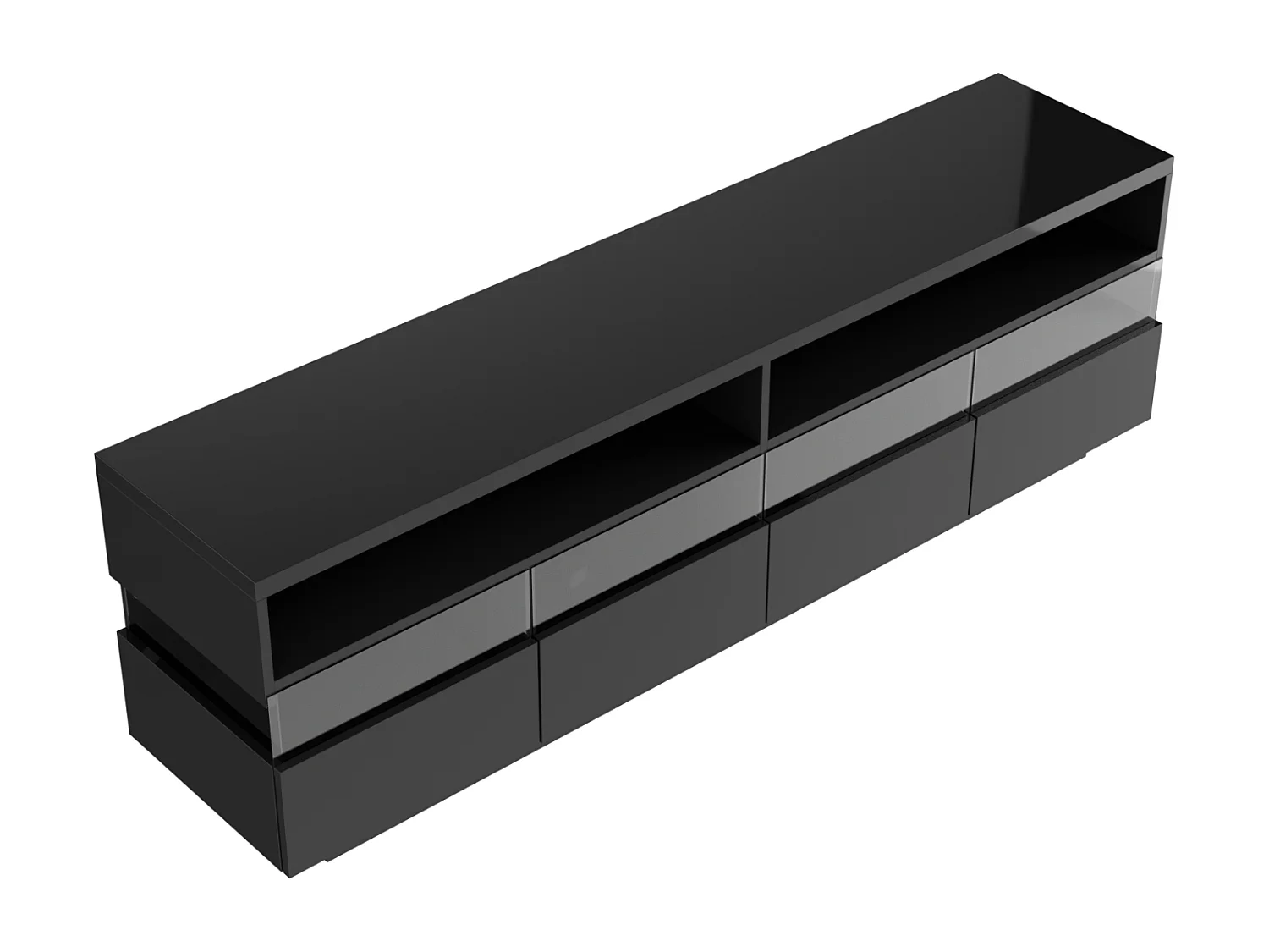 Meuble TV 173x55x38cm, LED, deux compartiments et quatre grands tiroirs, noir