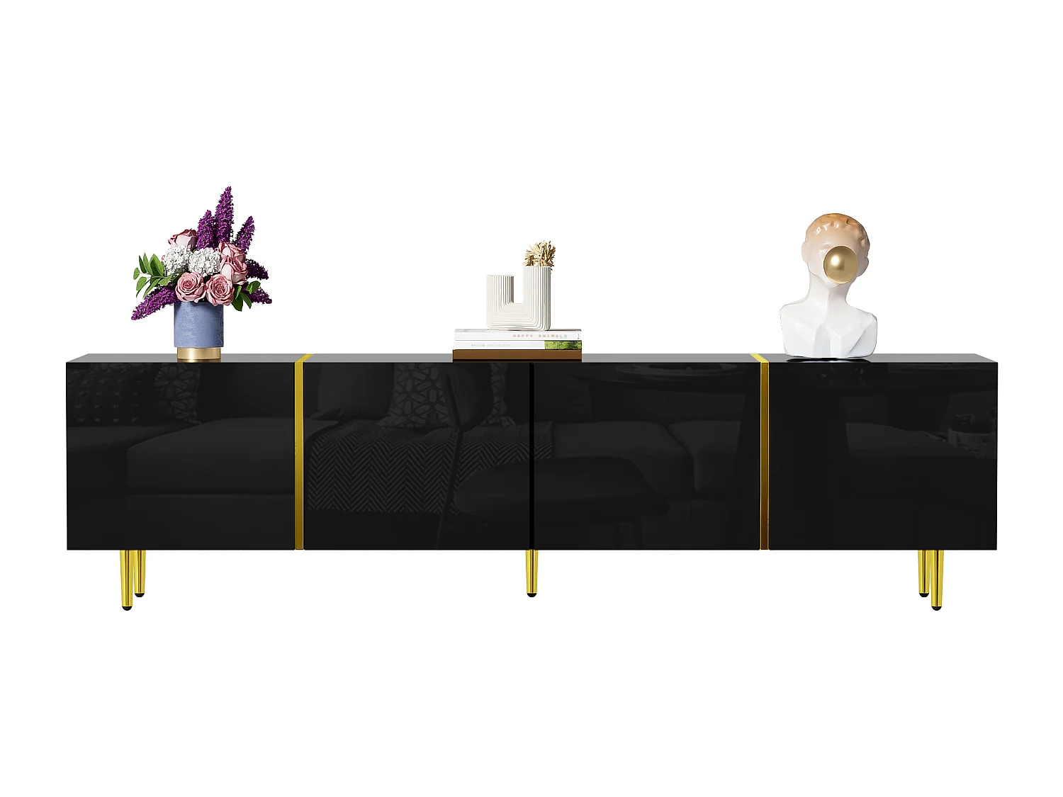 Móvel TV 170x35x46cm - Móvel 4 portas brilhante - moderno e simples - MDF preto