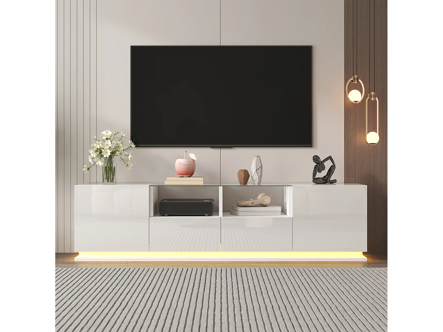 Glanzende tv-kast 165x38x43cm, met glazen planken, 2 lades en twee deuren, LED, WIT