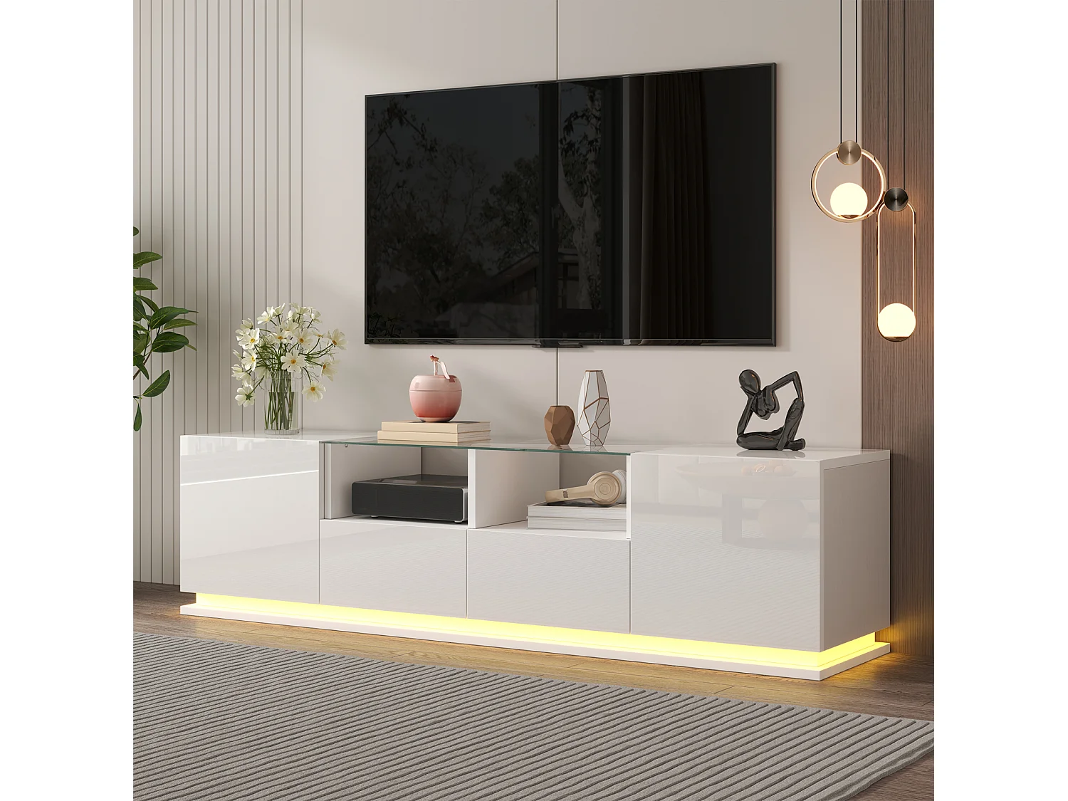 Glanzende tv-kast 165x38x43cm, met glazen planken, 2 lades en twee deuren, LED, WIT