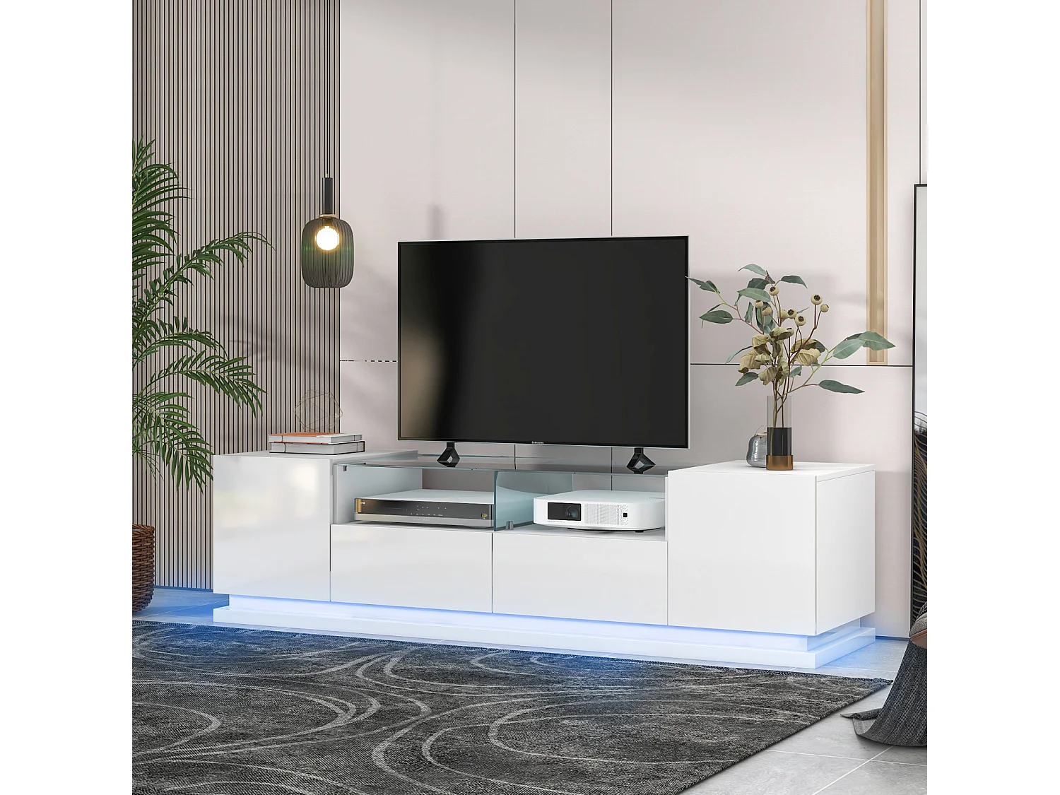 Glanzende tv-kast 165x38x43cm, met glazen planken, 2 lades en twee deuren, LED, WIT