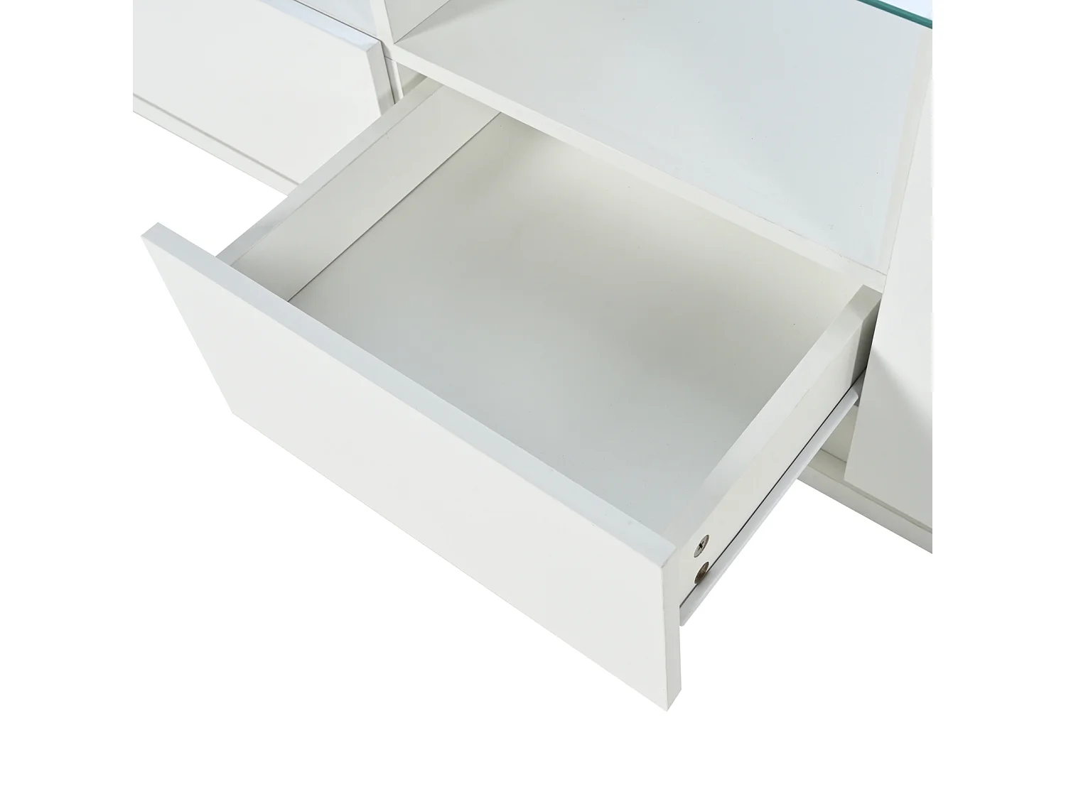 Glanzende tv-kast 165x38x43cm, met glazen planken, 2 lades en twee deuren, LED, WIT