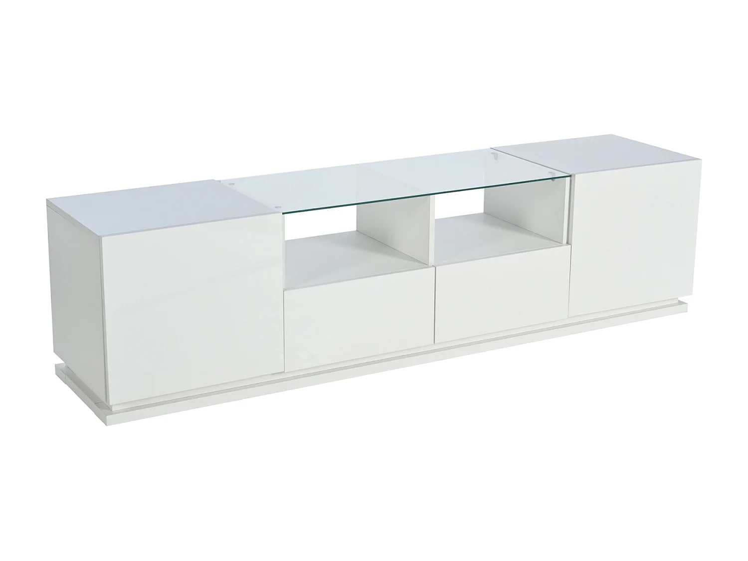 Glanzende tv-kast 165x38x43cm, met glazen planken, 2 lades en twee deuren, LED, WIT