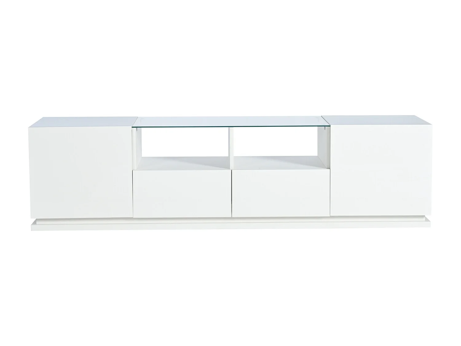 Glanzende tv-kast 165x38x43cm, met glazen planken, 2 lades en twee deuren, LED, WIT