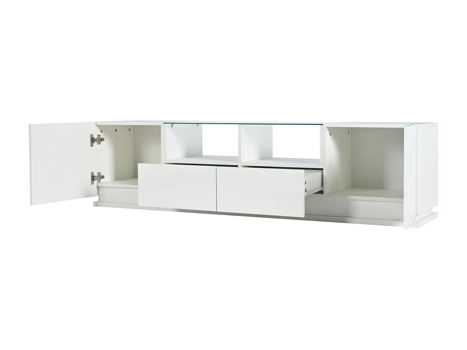 Glanzende tv-kast 165x38x43cm, met glazen planken, 2 lades en twee deuren, LED, WIT
