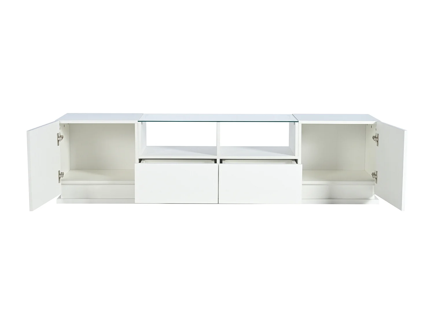 Glanzende tv-kast 165x38x43cm, met glazen planken, 2 lades en twee deuren, LED, WIT