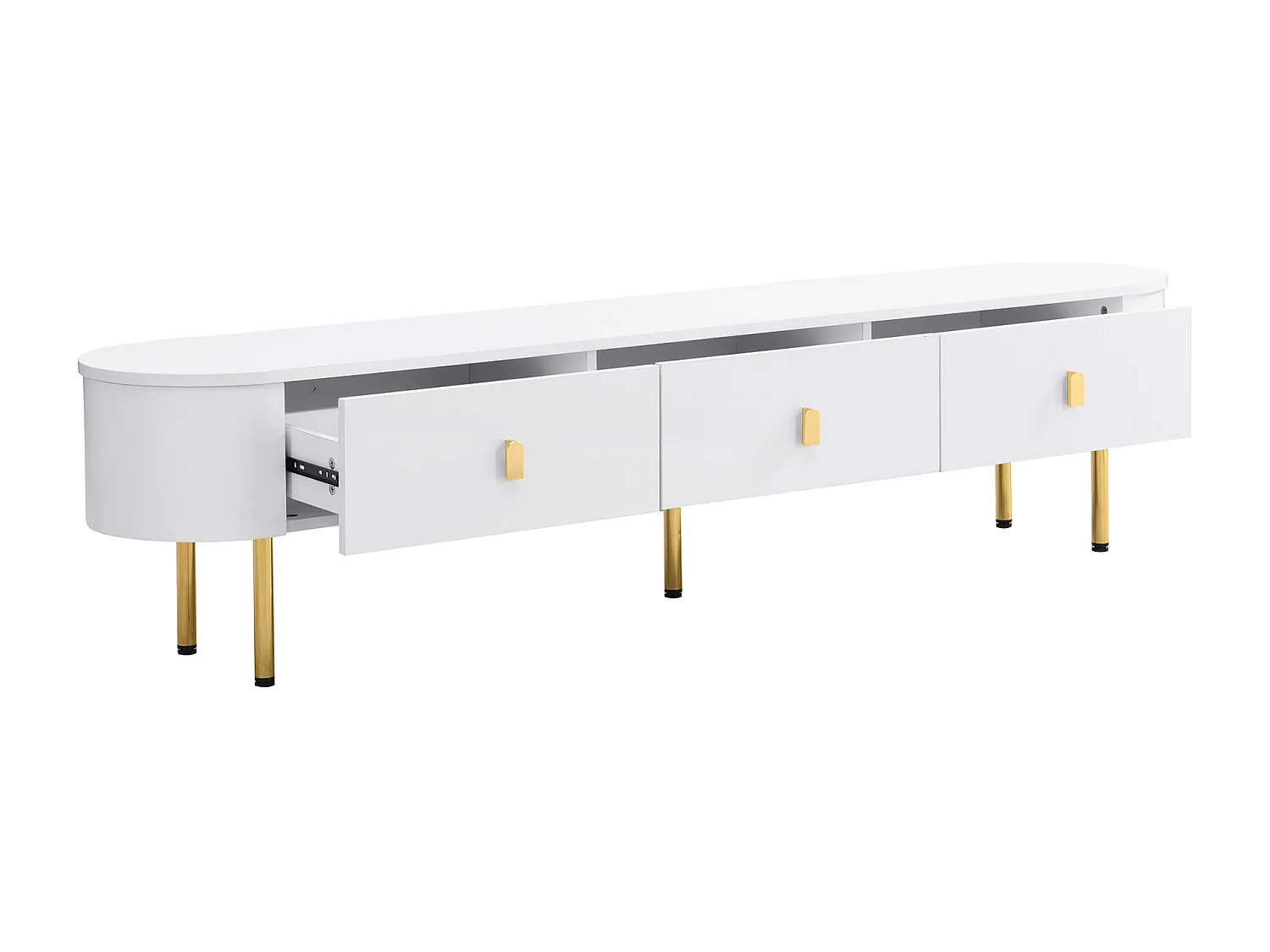 Meuble TV et table basse de luxe, meuble de salon avec tiroirs, coins arrondis,poignées et pieds dorés, blanc