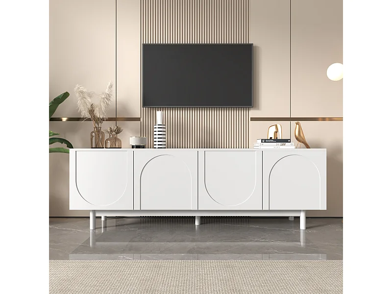 Meuble TV 175x38x56cm, léger de style luxe, avec 4 portes texturées, séparateurs réglables, blanc