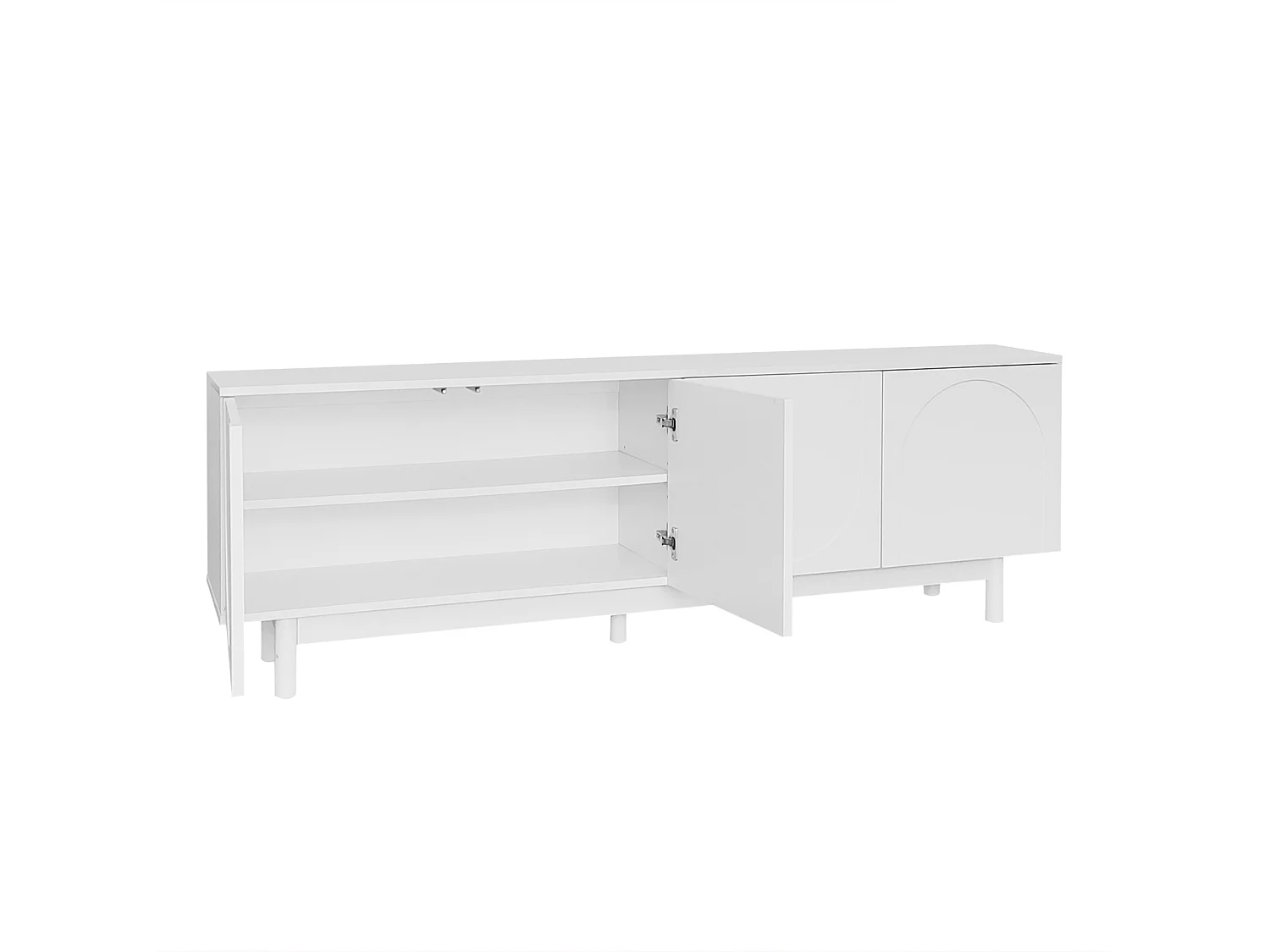 Meuble TV 175x38x56cm, léger de style luxe, avec 4 portes texturées, séparateurs réglables, blanc