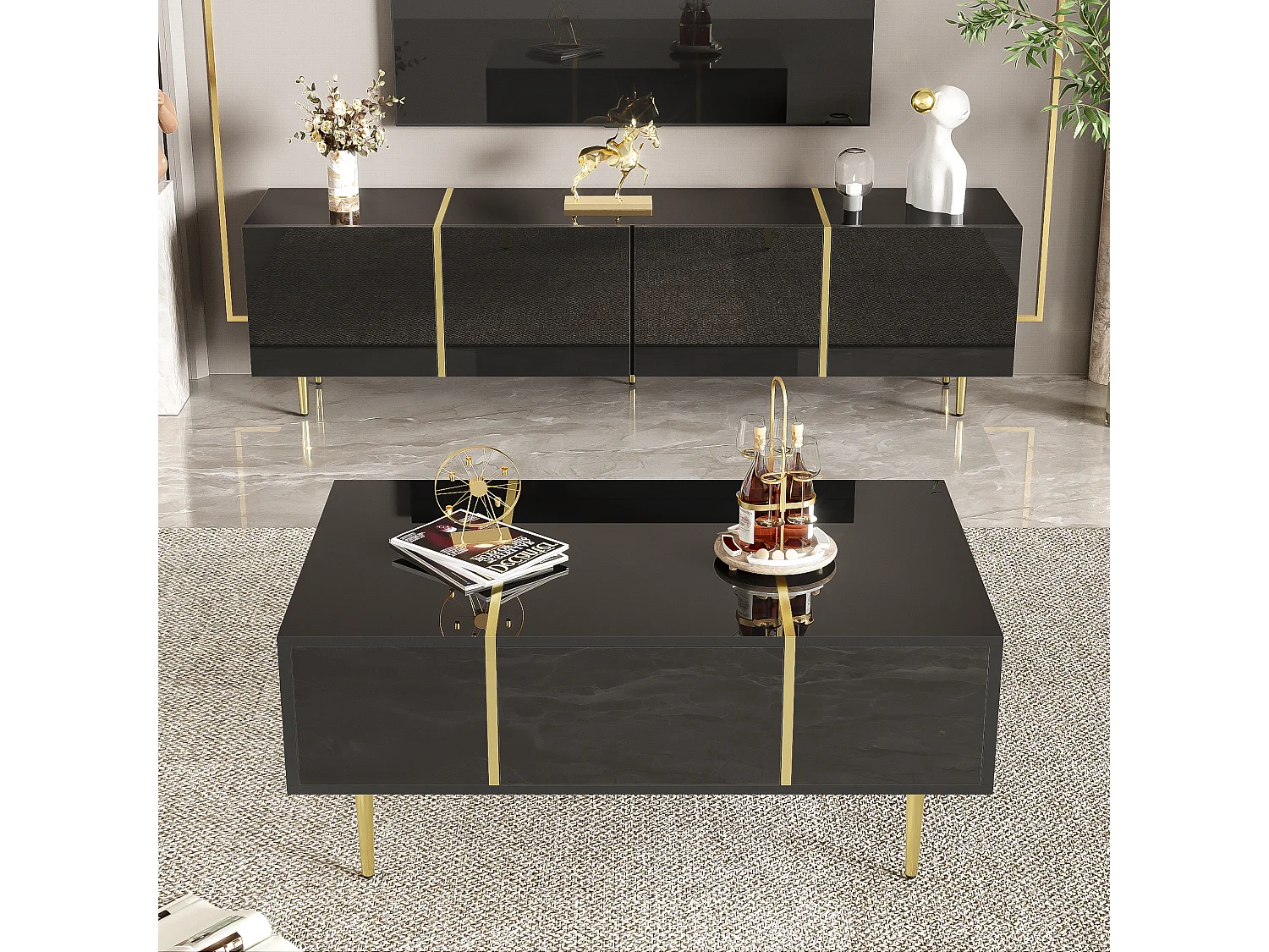 Meuble TV brillance et ensemble de table basse moderne, Armoires de rangement, Noir
