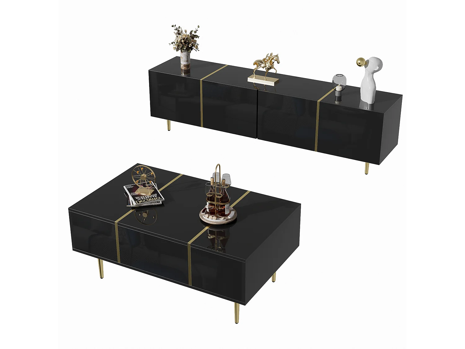 Meuble TV brillance et ensemble de table basse moderne, Armoires de rangement, Noir