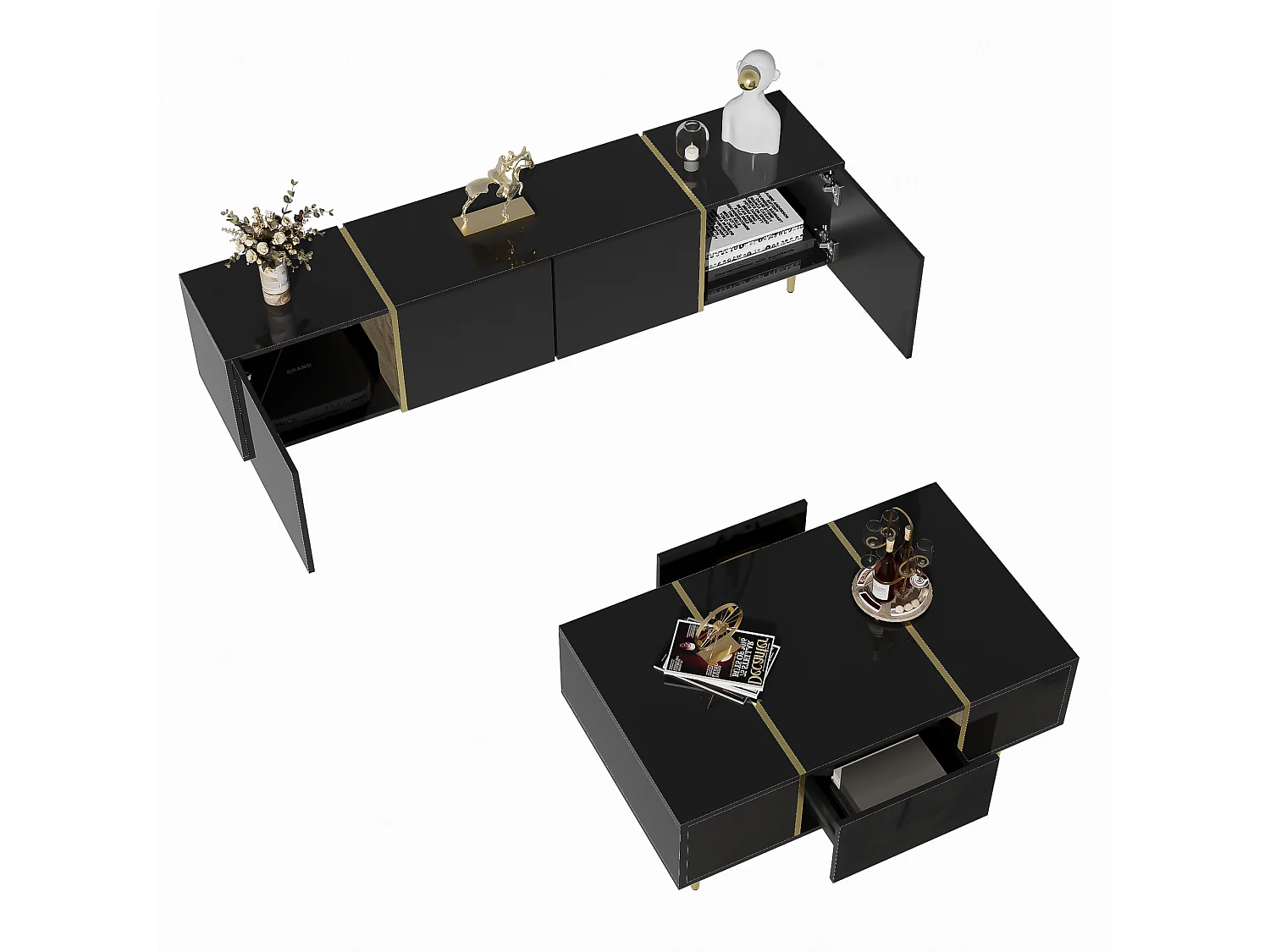 Meuble TV brillance et ensemble de table basse moderne, Armoires de rangement, Noir