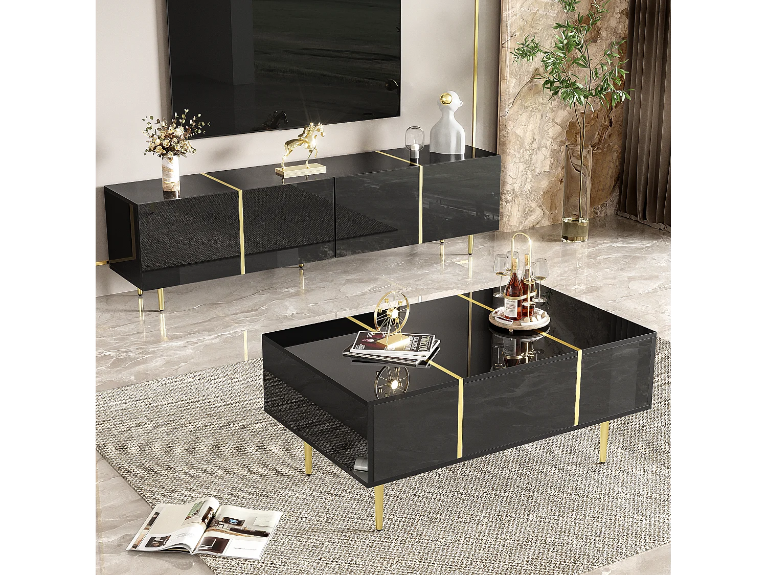 Juego de mesa de centro y mueble para TV Brilliance, gabinetes de almacenamiento, negro