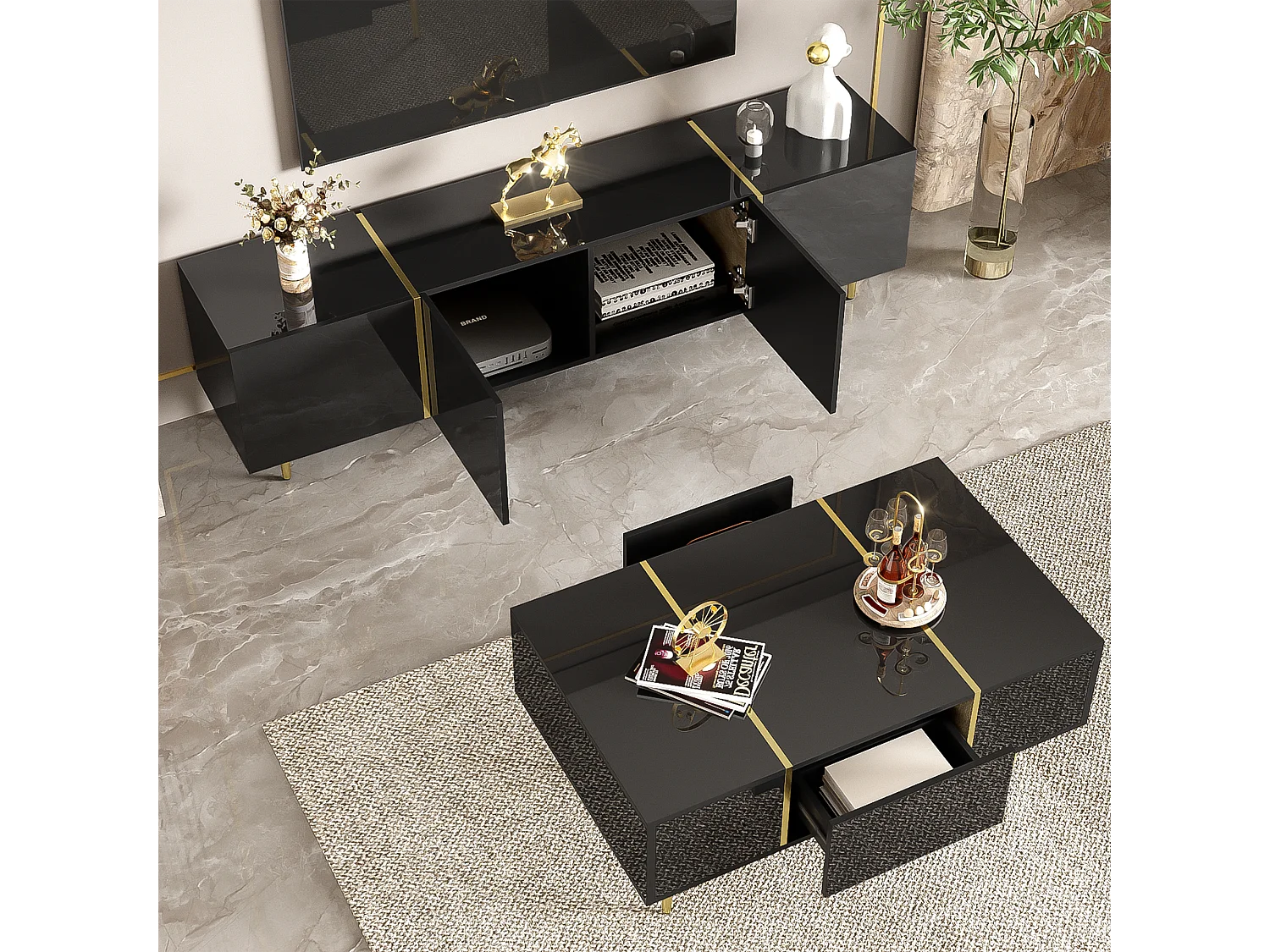 Juego de mesa de centro y mueble para TV Brilliance, gabinetes de almacenamiento, negro