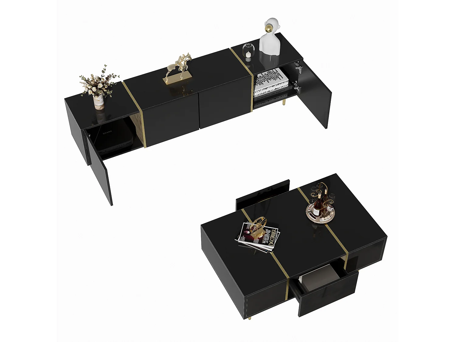 Juego de mesa de centro y mueble para TV Brilliance, gabinetes de almacenamiento, negro