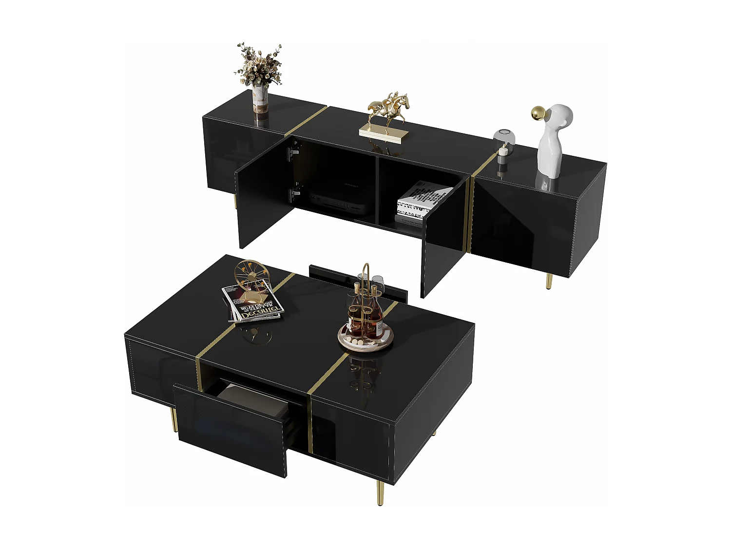 Juego de mesa de centro y mueble para TV Brilliance, gabinetes de almacenamiento, negro
