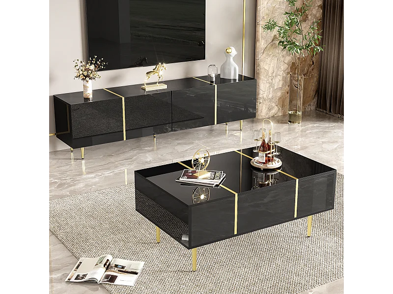 Brilliance TV-Ständer und modernes Couchtisch-Set, Aufbewahrungsschränke, Schwarz